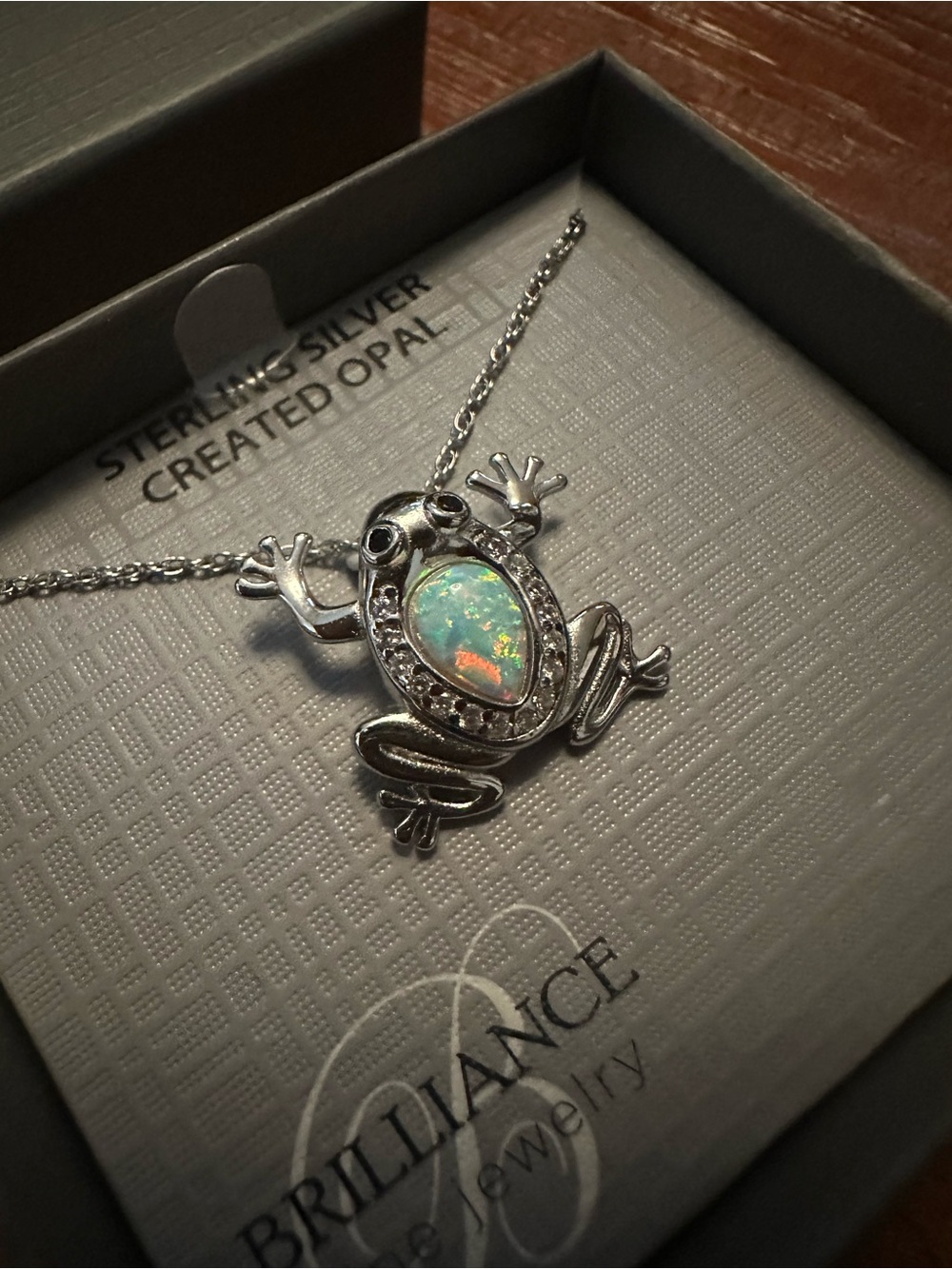 BRILLIANCE FINE JEWELRY Sterling Silver Created Opal Frog Necklace NIB